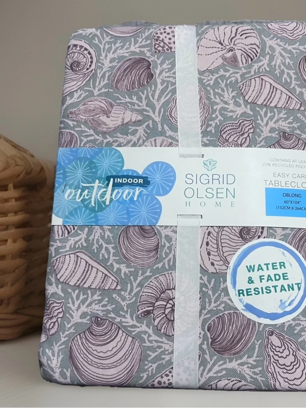 Sigrid Olsen 60x104 Oblong Tablecloth Blue Beige Shell Seashells Coral Outdoor